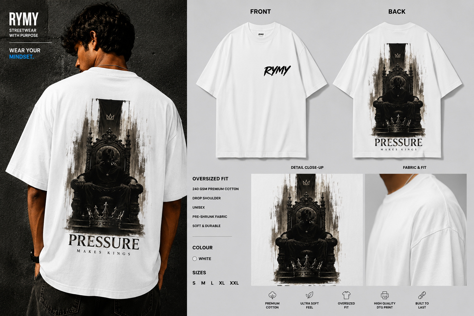 PRESSURE MAKES KINGS OVERSIZED T-SHIRT